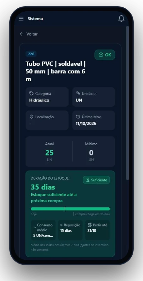 Ficha do material no celular com saldo disponível, estoque mínimo e duração estimada do estoque