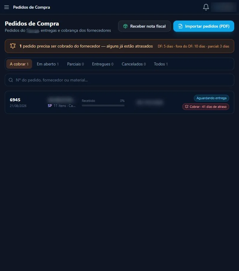 Pedidos de compra com atrasos em destaque
