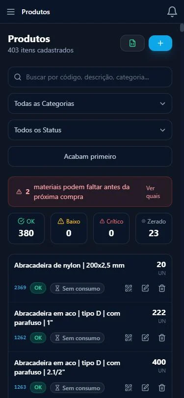 Lista de materiais no celular