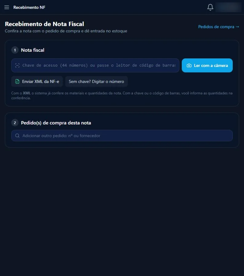 Tela de recebimento de nota fiscal pela chave de acesso ou pela câmera