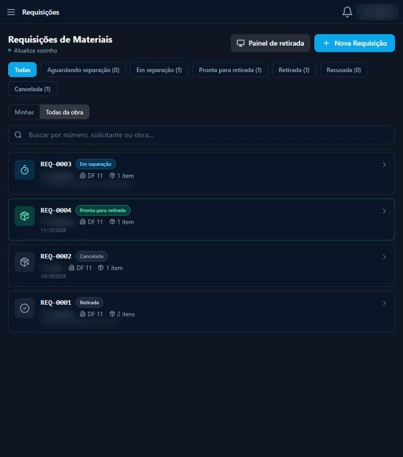 Requisições de material organizadas por etapa